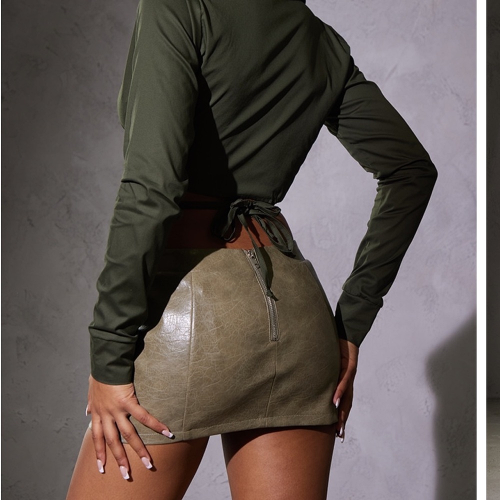 Khaki Double Tie Crop Shirt -  Never Worn PRETTY LITTLE THING